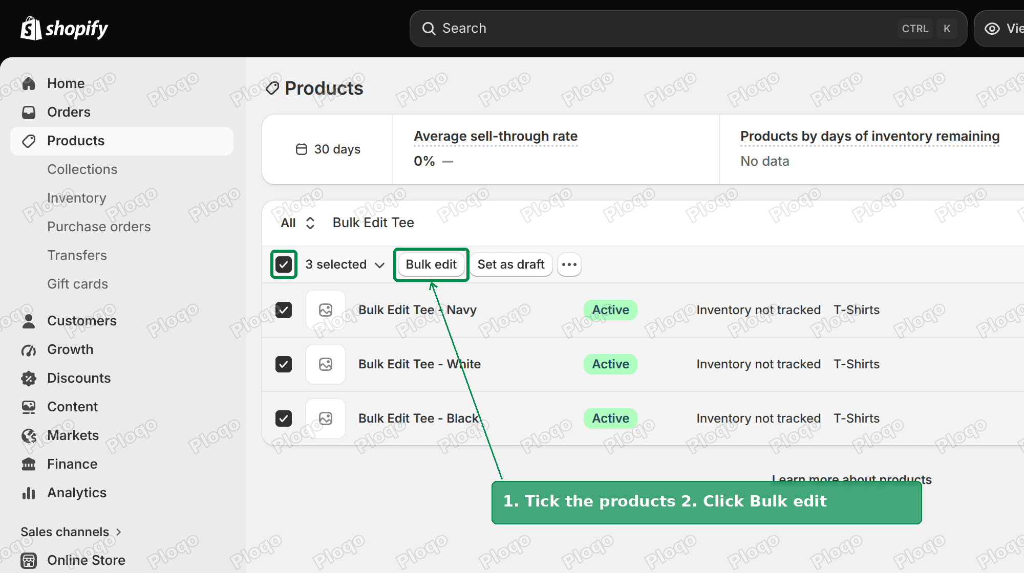 Products list with three products selected and the Bulk edit button