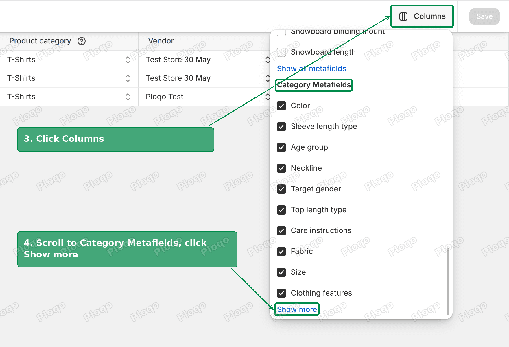 Columns menu open with the Category Metafields heading and Show more link