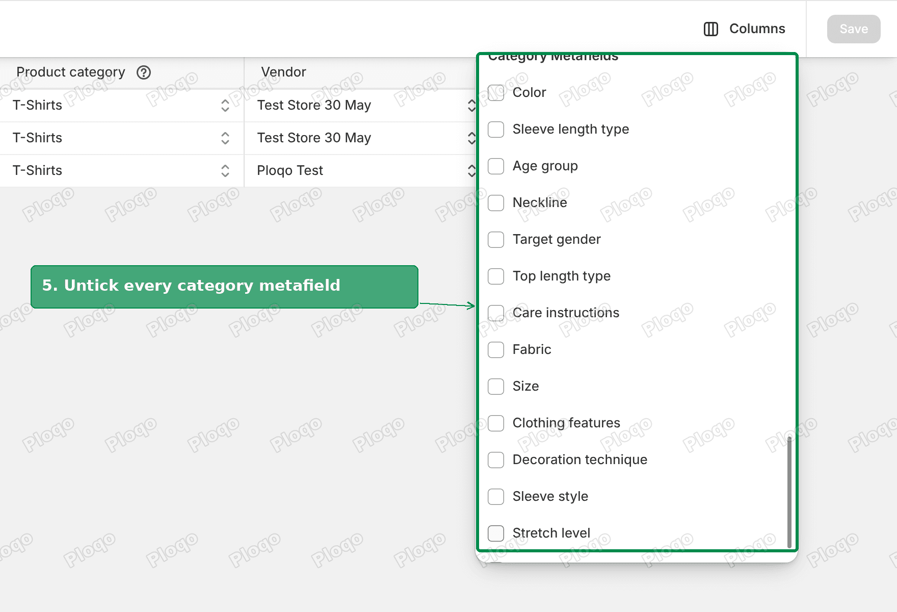 Category metafields all unticked in the Columns menu