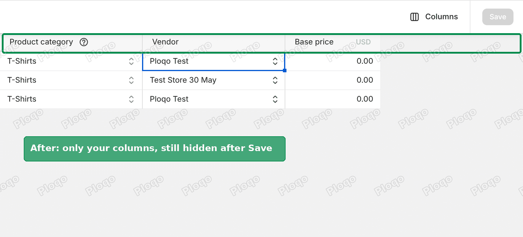 Bulk editor after saving, showing only the chosen columns