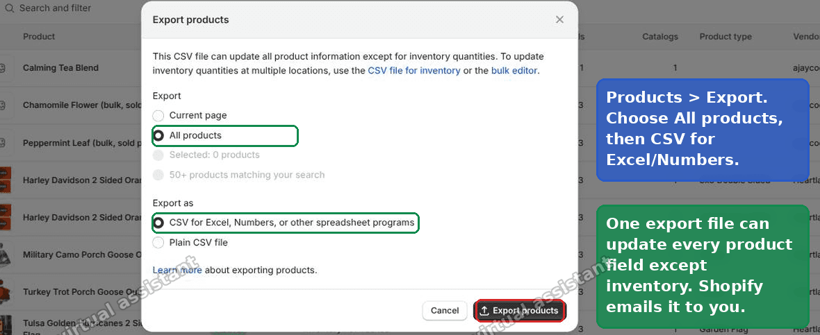 Shopify Export products dialog set to all products and CSV for spreadsheet programs