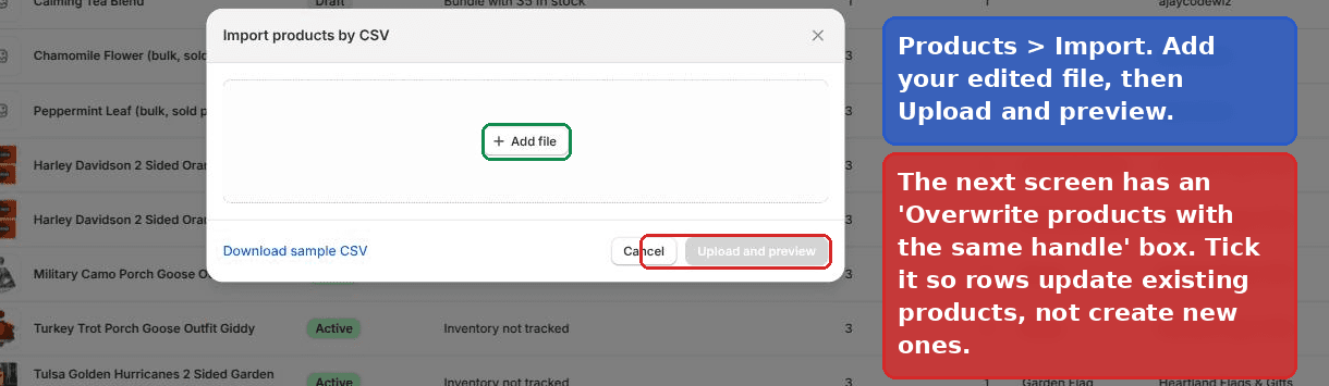 Shopify import dialog with the overwrite same handle checkbox ticked