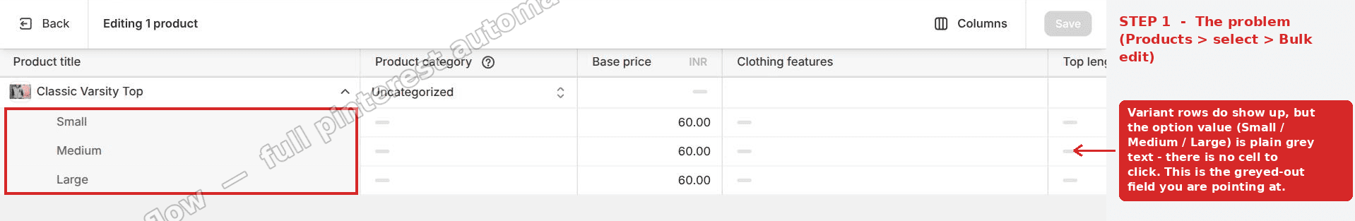 Variant option values are grey text in the bulk editor, with no editable cell