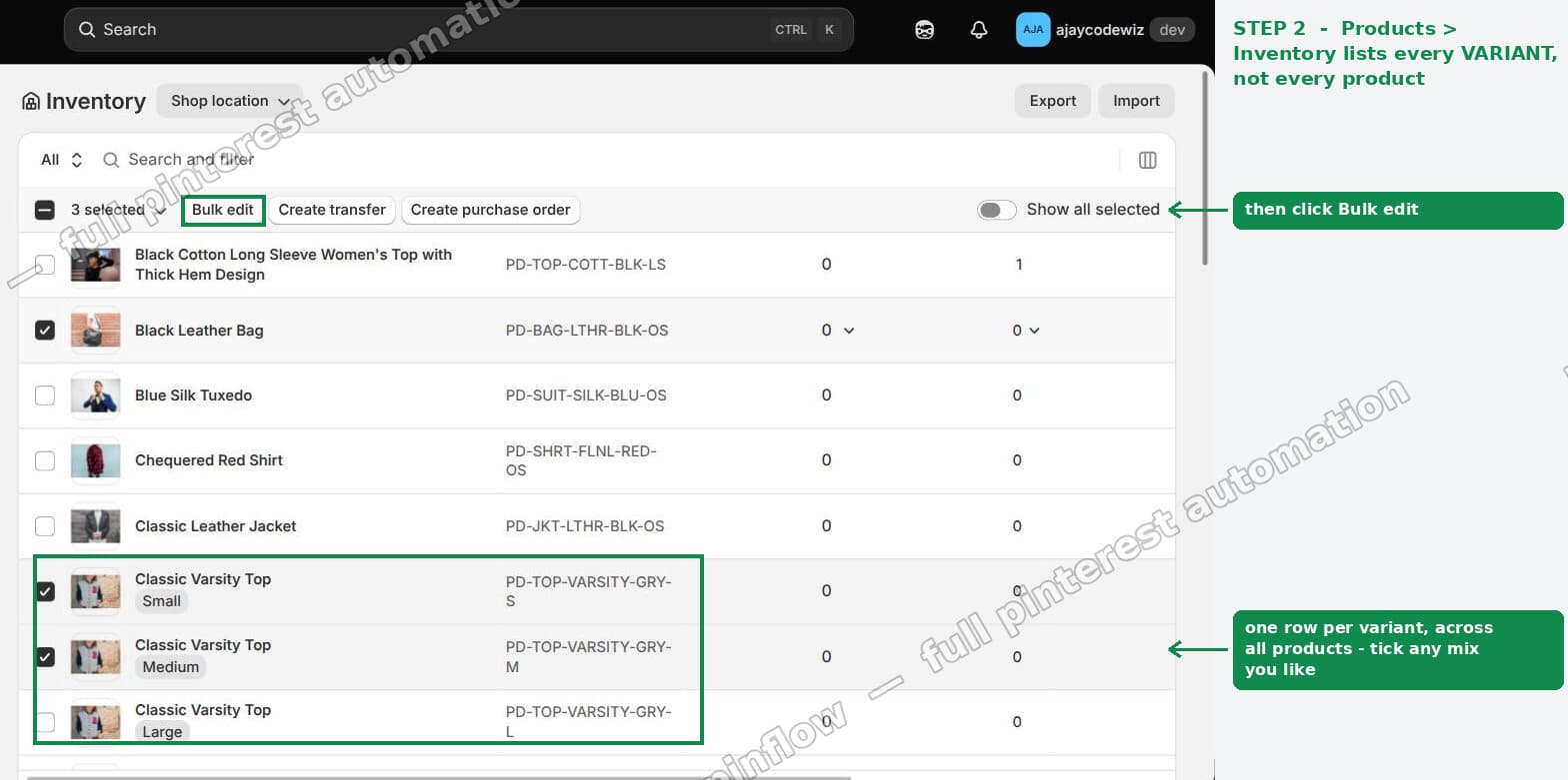 Products > Inventory lists one row per variant, with Bulk edit above the list