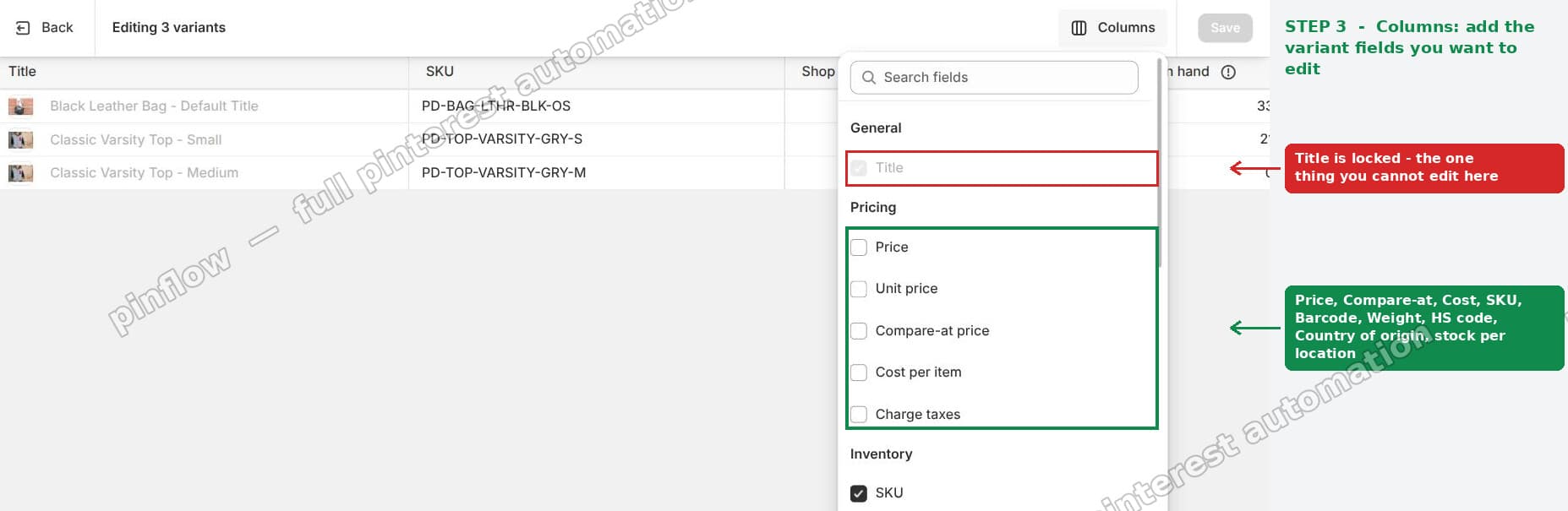 The Columns picker, showing Price, Unit price, Compare-at price, Cost per item and more