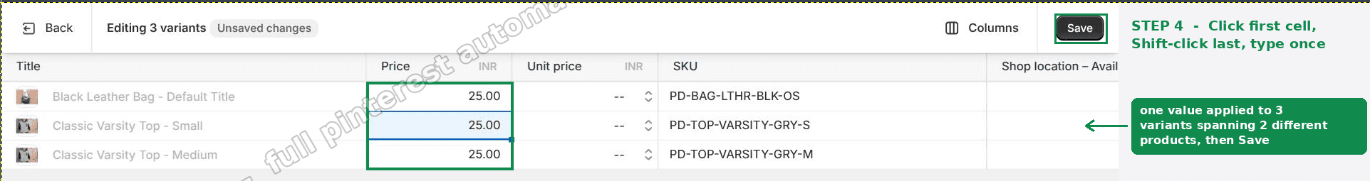 One price typed once, applied to three variants spanning two different products