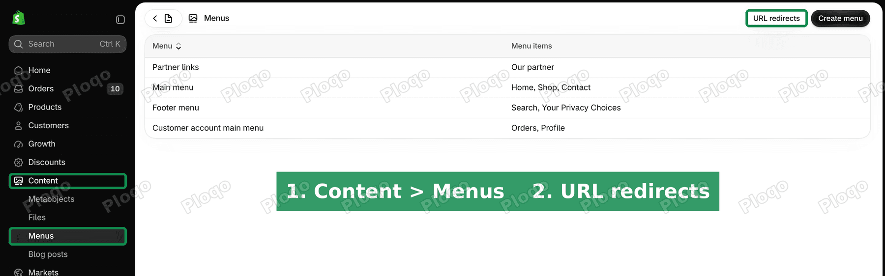Shopify admin Menus page with Content and Menus highlighted in the sidebar and the URL redirects button highlighted top right