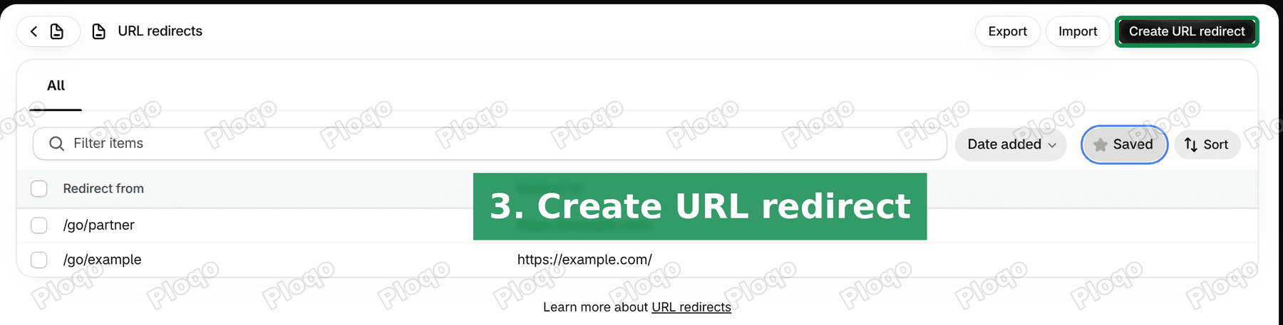 The URL redirects page with the Create URL redirect button highlighted