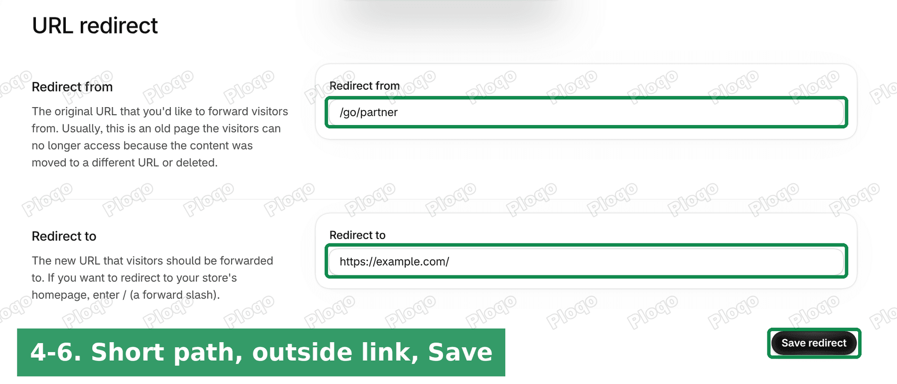 The Create URL redirect form with /go/partner in Redirect from, an outside https link in Redirect to, and Save redirect highlighted
