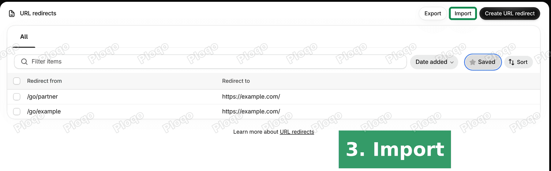 The URL redirects page listing two redirects, with the Import button highlighted next to Export and Create URL redirect