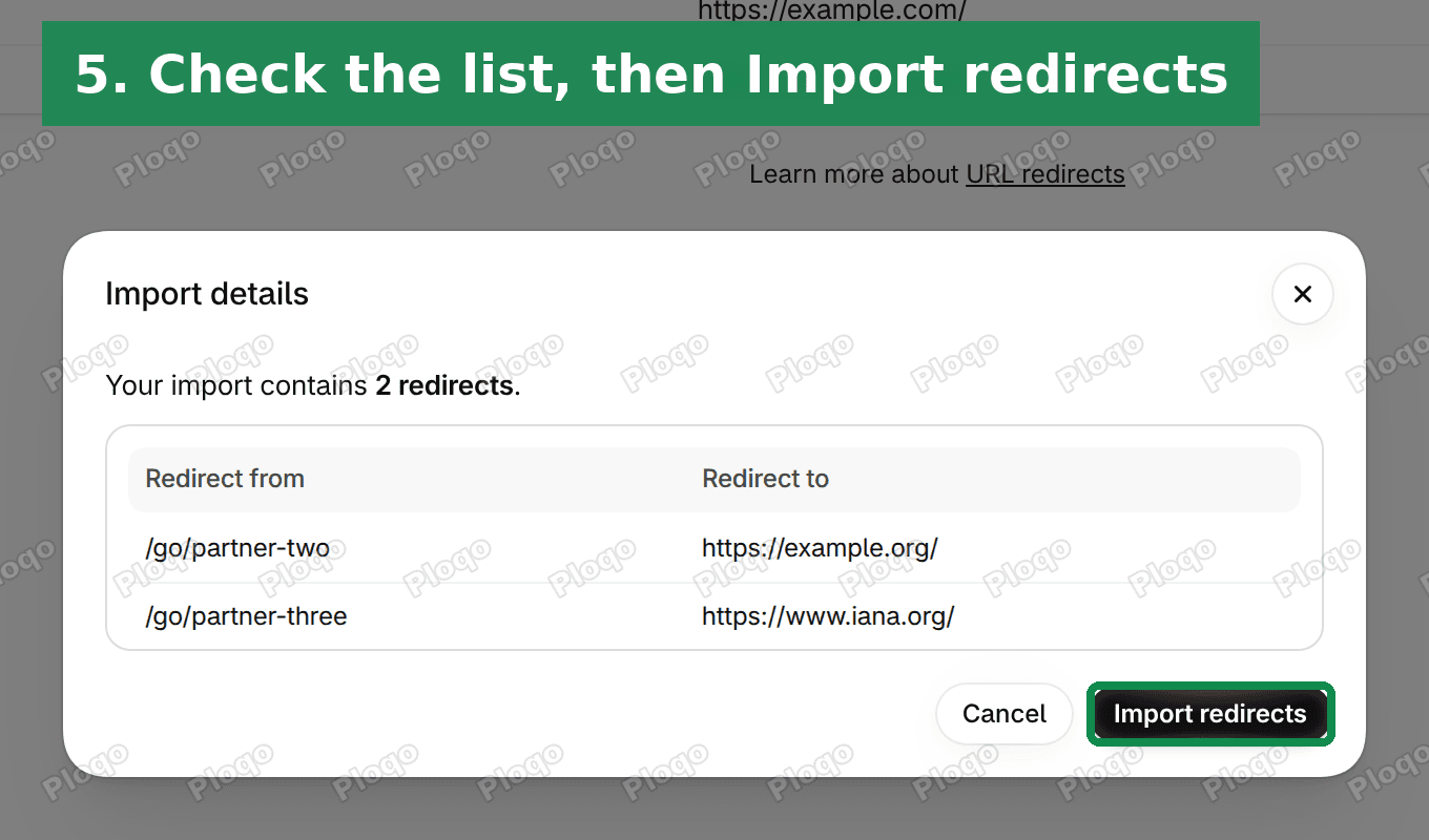 The Import details window saying the import contains 2 redirects, listing both, with Import redirects highlighted