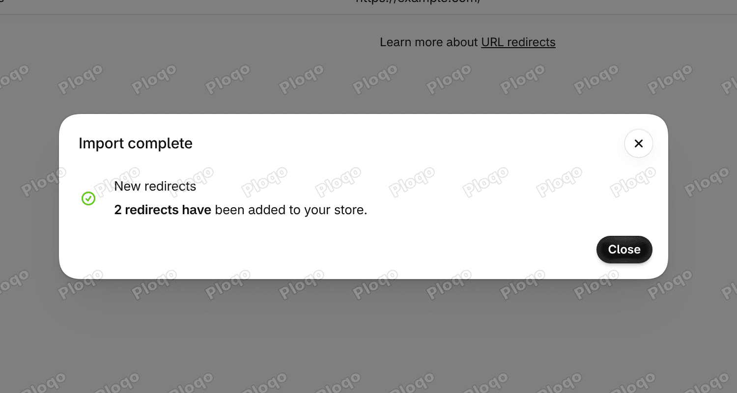 The Import complete message saying 2 redirects have been added to your store