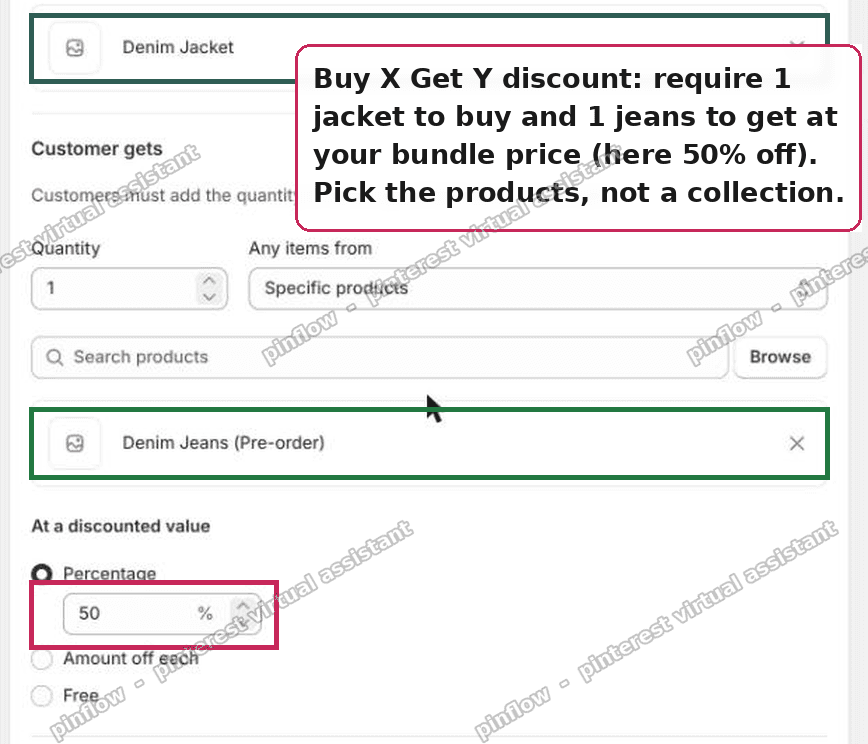 Shopify Buy X Get Y discount setup: buy 1 jacket, get 1 jeans at the bundle price, using Specific products not a collection