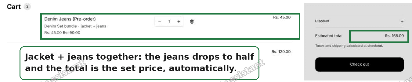 Cart with one jacket and one pair of jeans: the jeans drops to the bundle price automatically and the total is the set price