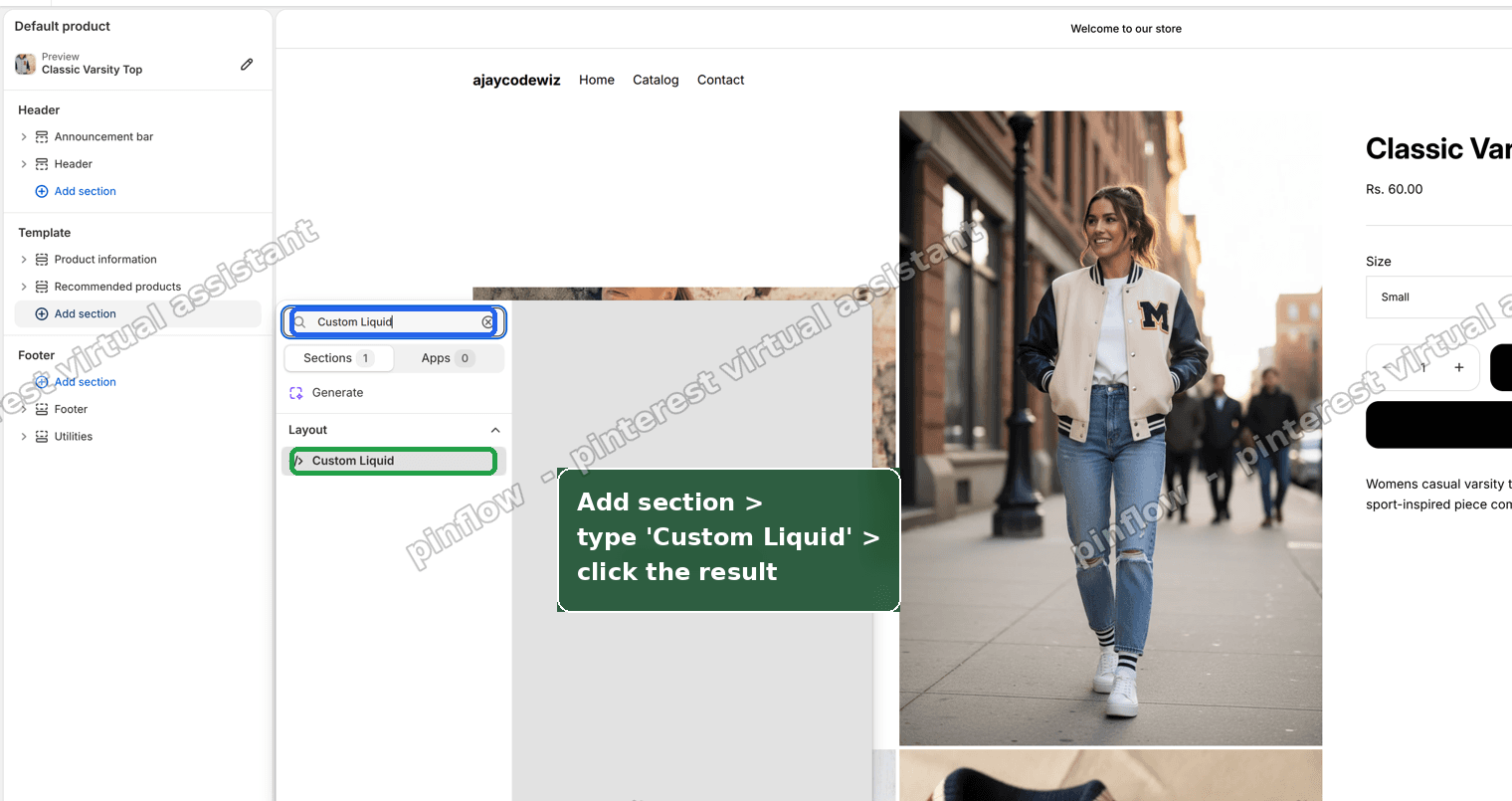 Add section, search Custom Liquid, and click the result