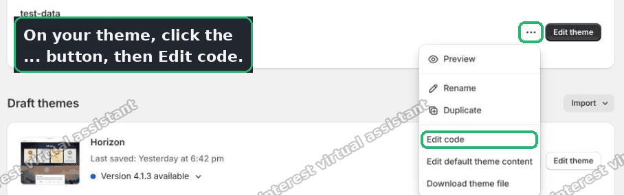 Shopify theme actions menu open with Edit code highlighted