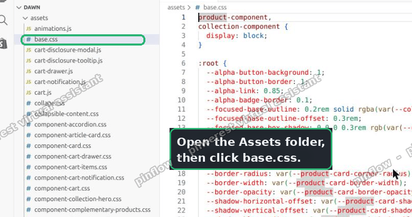 Assets folder open in the code editor with base.css selected