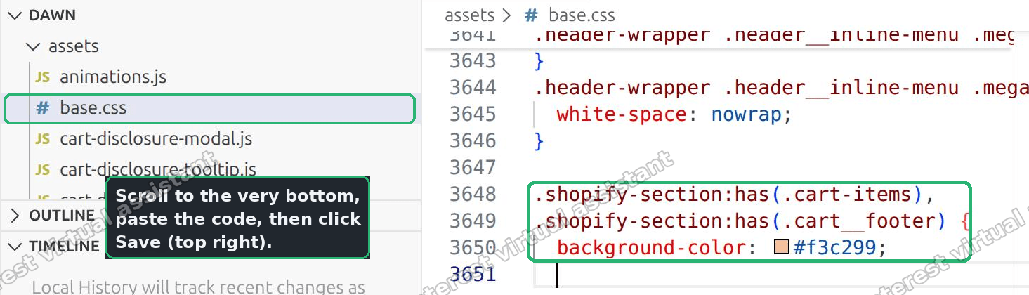 base.css with the new cart color rule pasted at the bottom, ready to save