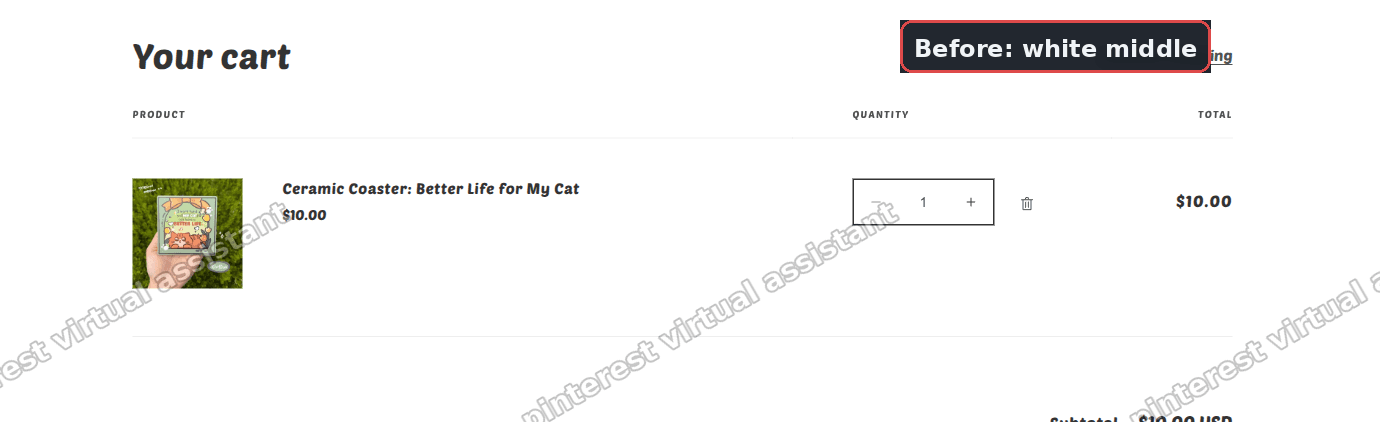 Shopify cart page before the fix, white middle section with a product listed