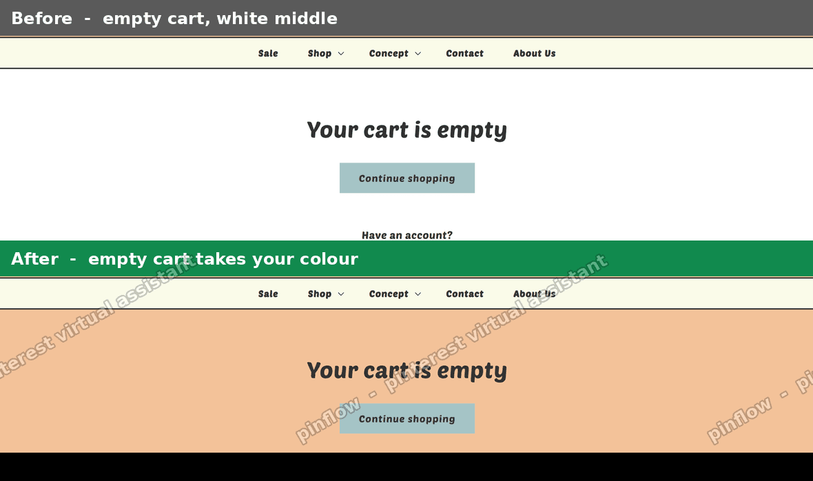 Empty Shopify cart, before with a white middle and after with the colored middle, tested on the store