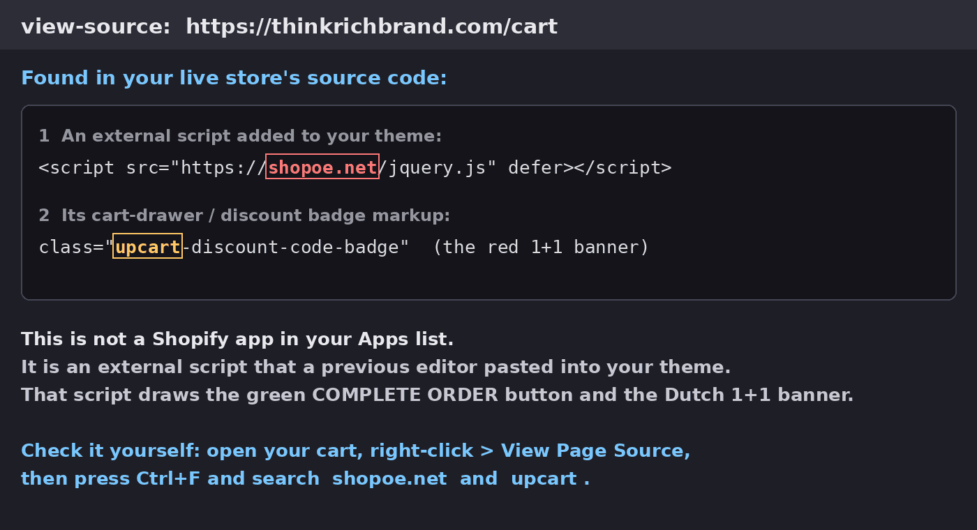 The live cart page source showing an external script injected from an unknown domain