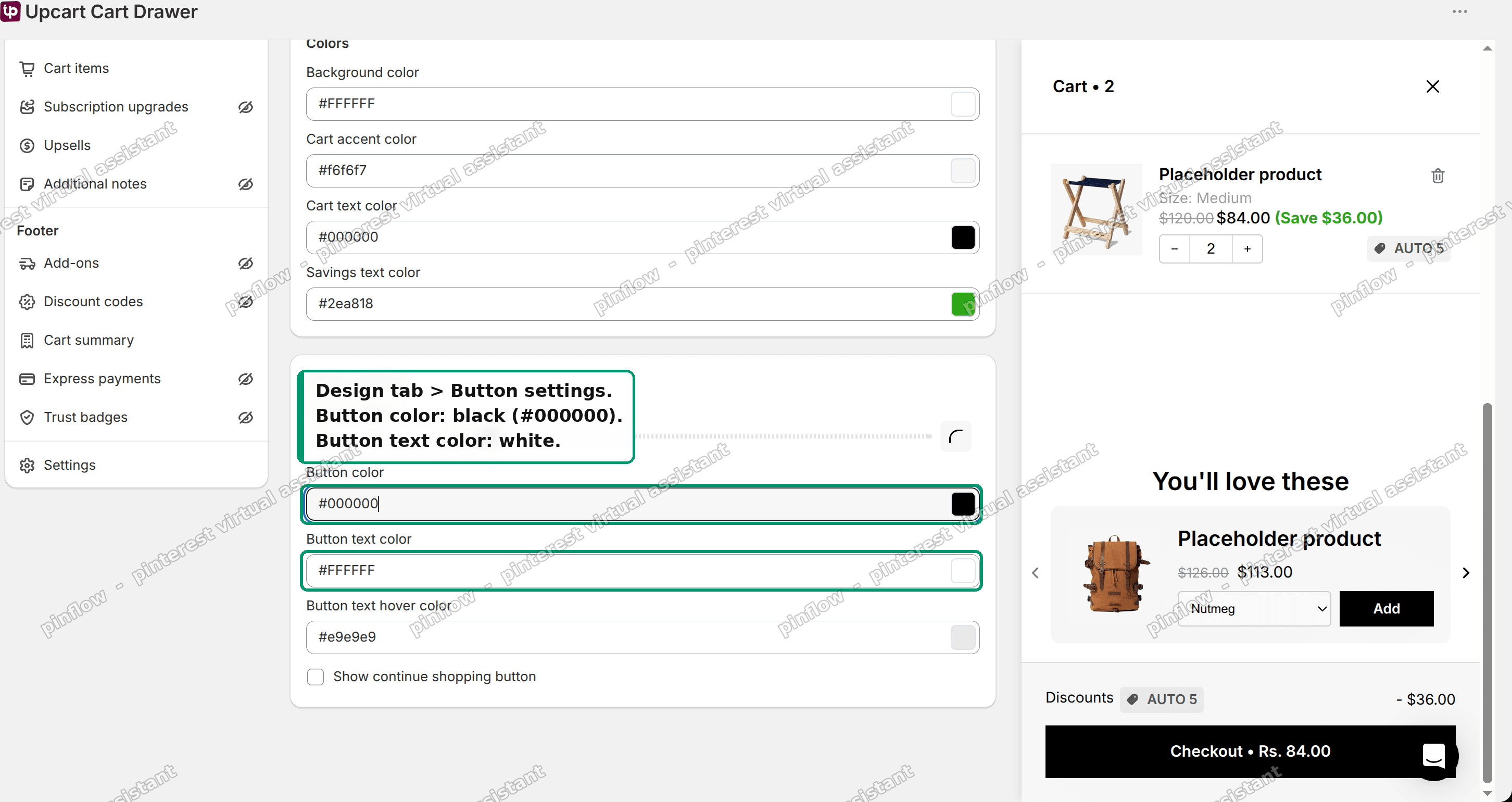 Cart drawer app button settings, setting a black button with white text