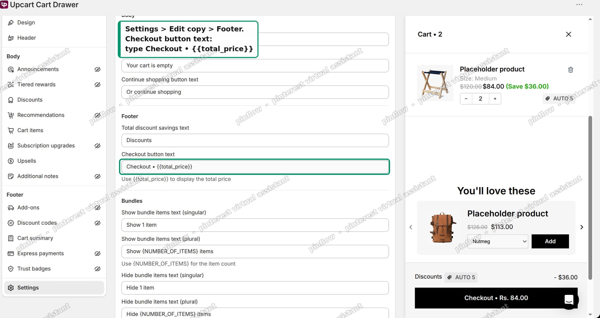 Cart drawer app edit copy screen showing the checkout button text field