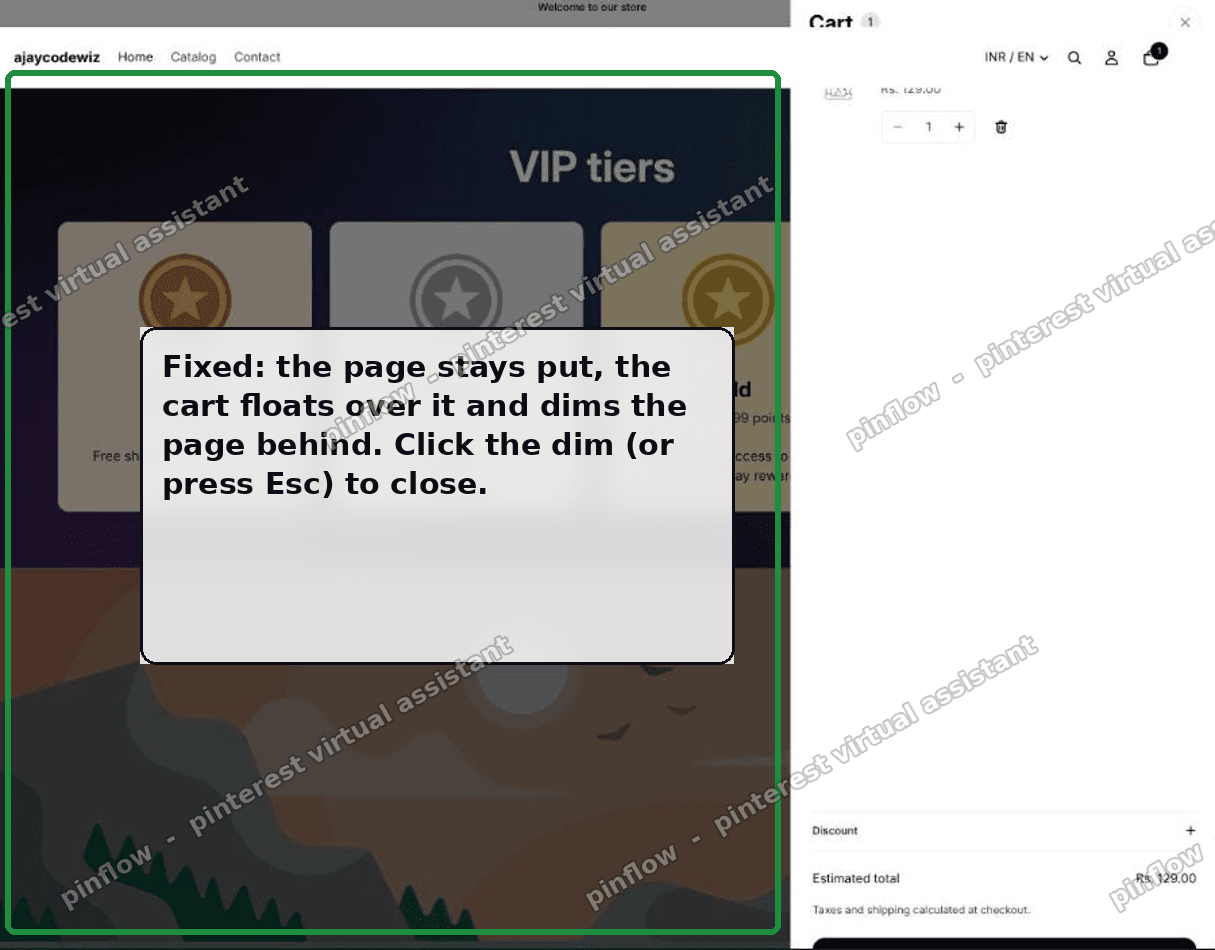 Fixed: the cart floats over the page and dims it, and the page no longer shifts