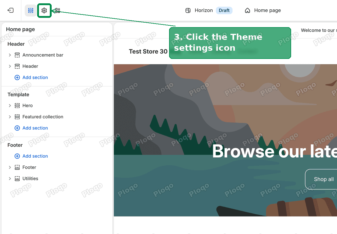 Theme settings icon in the Horizon theme editor