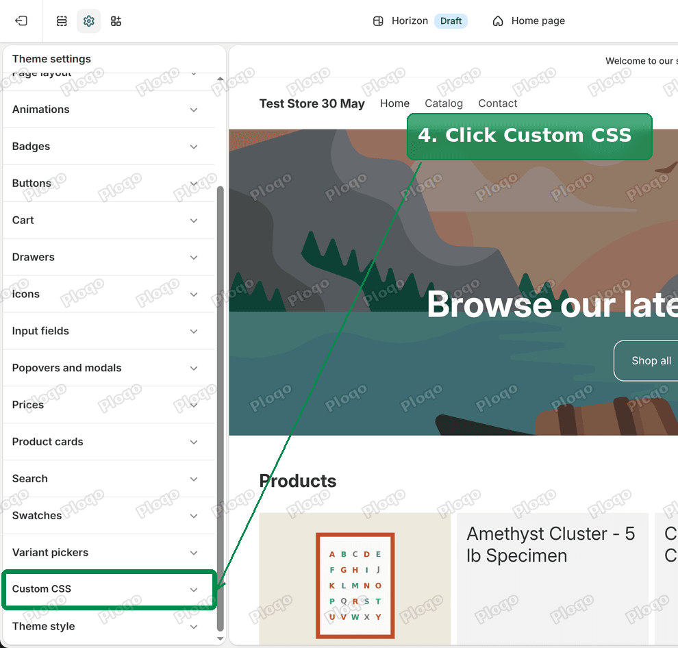 Custom CSS at the bottom of the Theme settings list