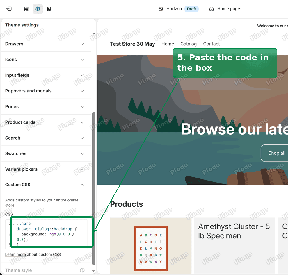 The overlay line pasted into the Custom CSS box