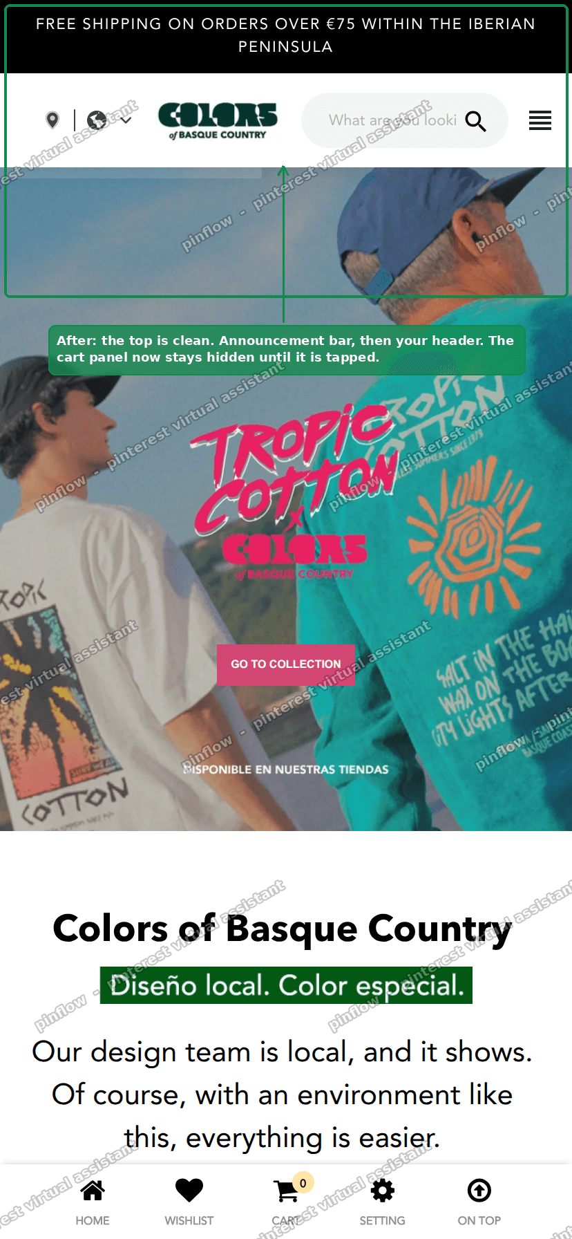The clean top of the page after the fix, with the cart panel hidden