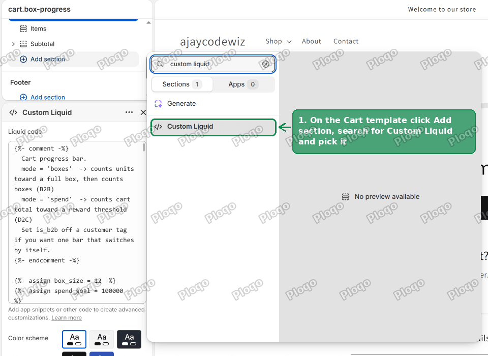 The Add section panel on the Shopify cart template with Custom Liquid found by search
