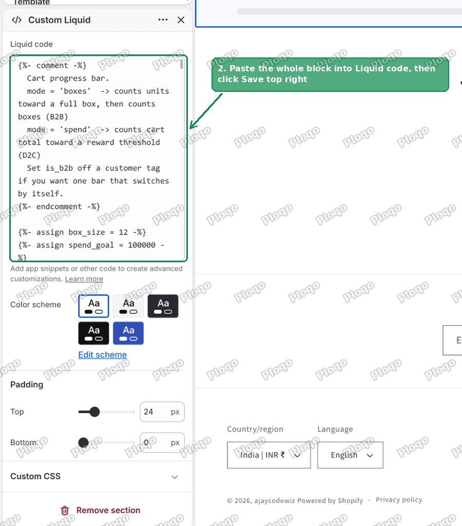 The Custom Liquid section settings with the progress bar code pasted into the Liquid code box