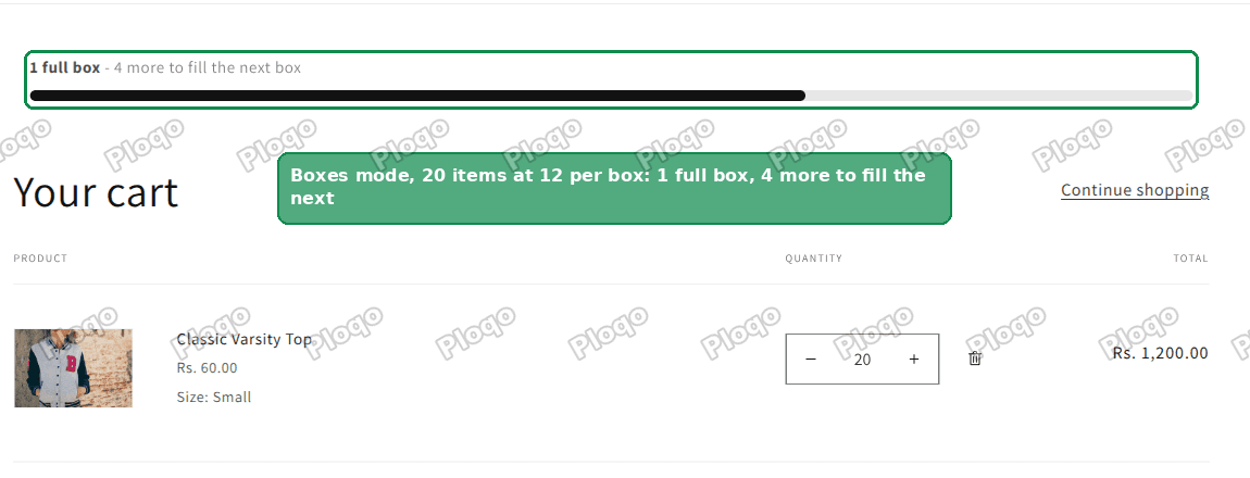 Shopify cart page showing a progress bar that reads 1 full box, 4 more to fill the next box