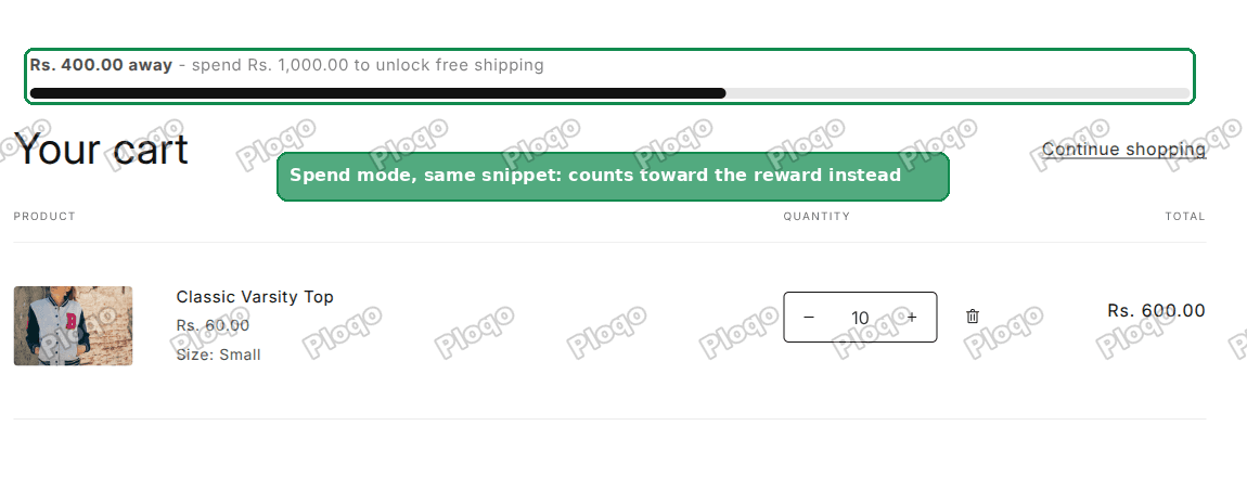 Shopify cart page showing a progress bar that reads 400 away, spend 1,000 to unlock free shipping