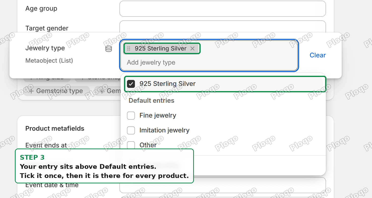 The custom entry sits above the default entries