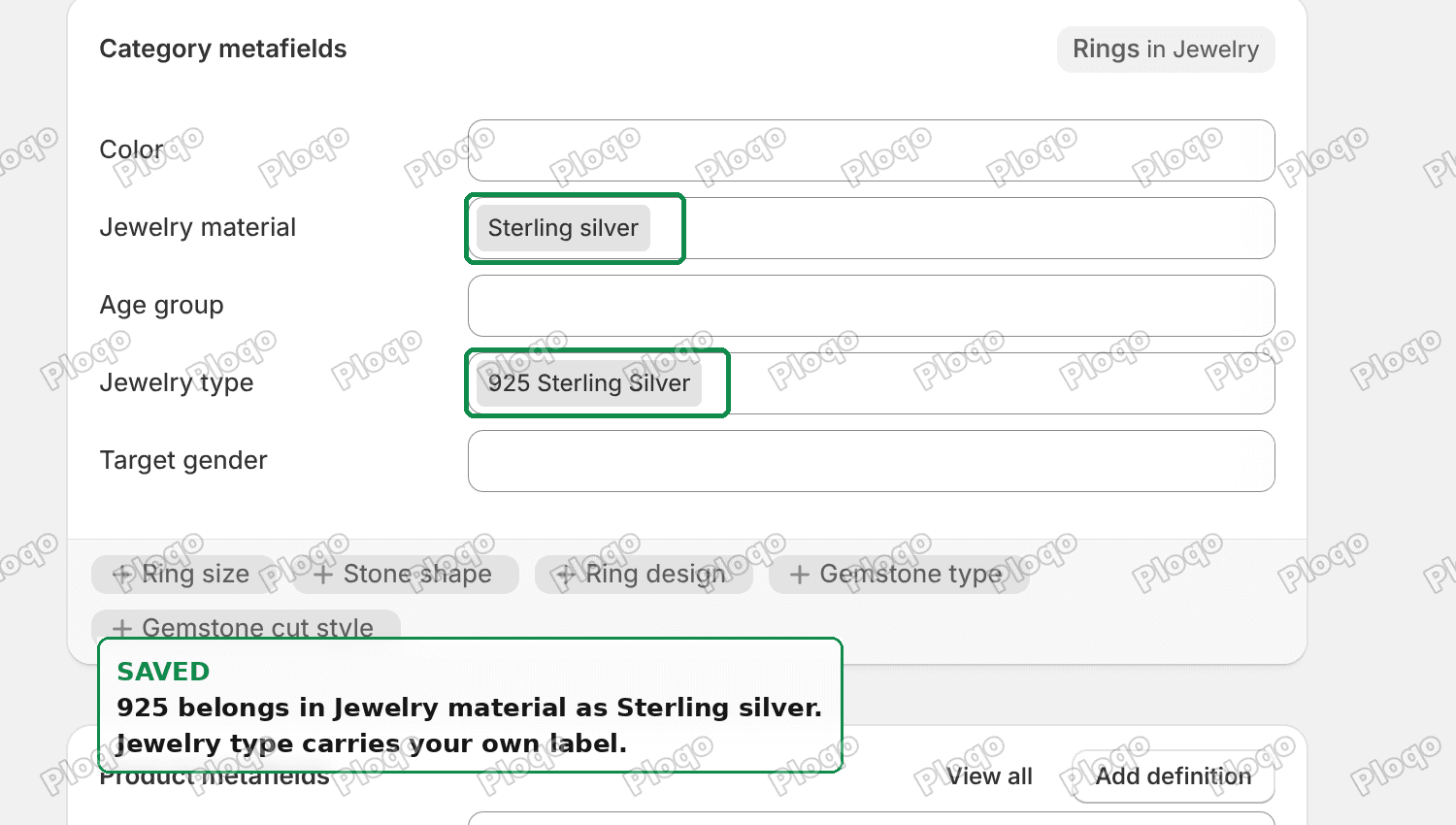 Jewelry material set to Sterling silver, Jewelry type set to the custom label
