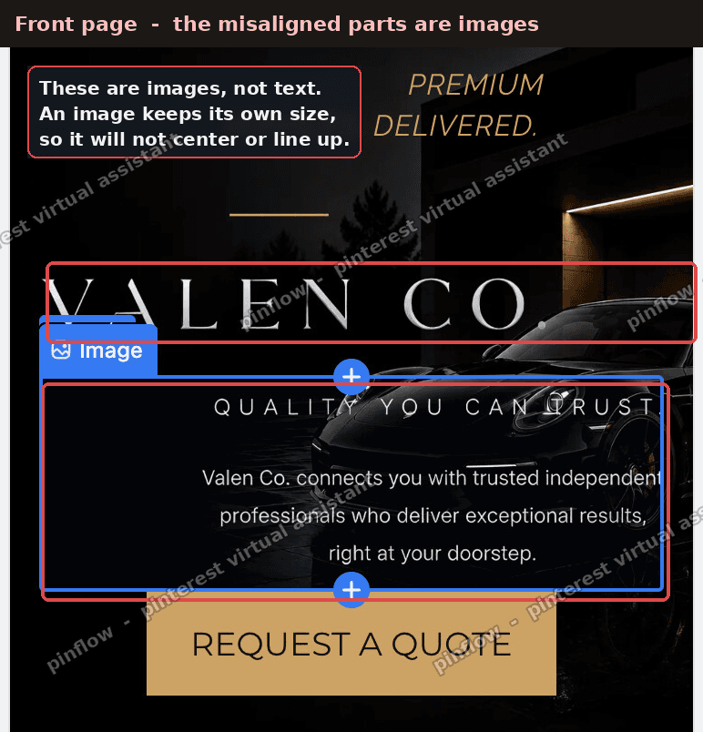Shopify Horizon homepage where the wordmark and tagline are images, not text, so they will not center