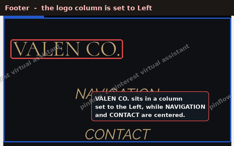 Shopify footer with the logo column set to Left, out of line with the other columns