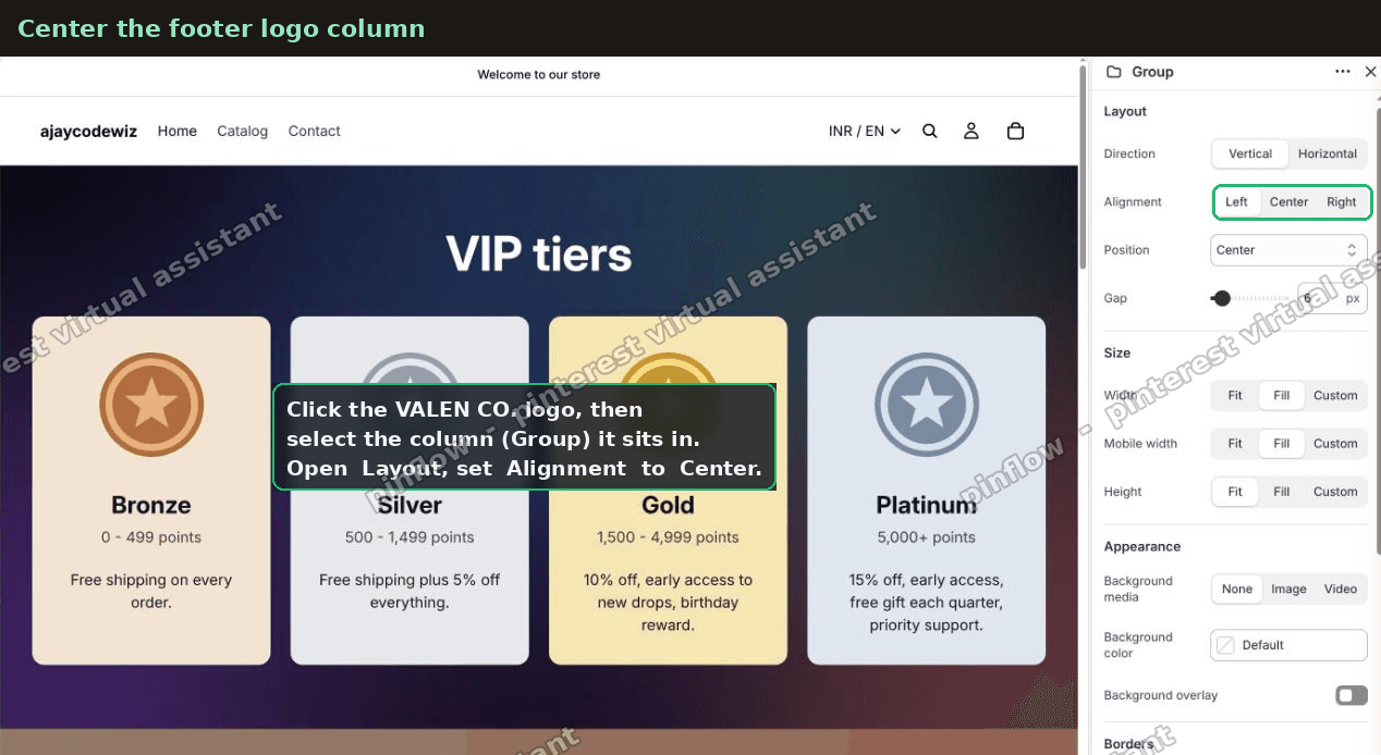 Horizon footer Group Layout panel with Alignment set to Center