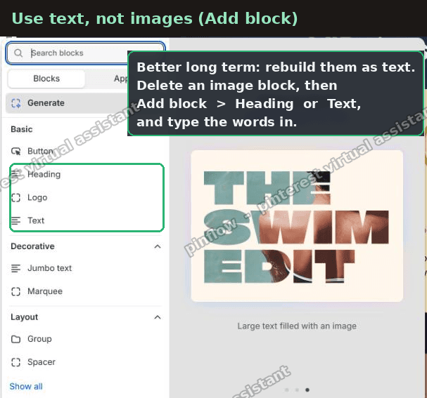 Horizon Add block menu with Heading and Text block options highlighted