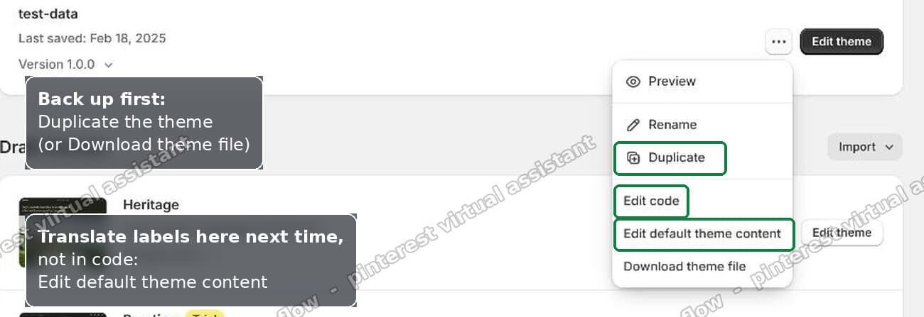The theme actions menu in Shopify, showing Edit default theme content and Duplicate