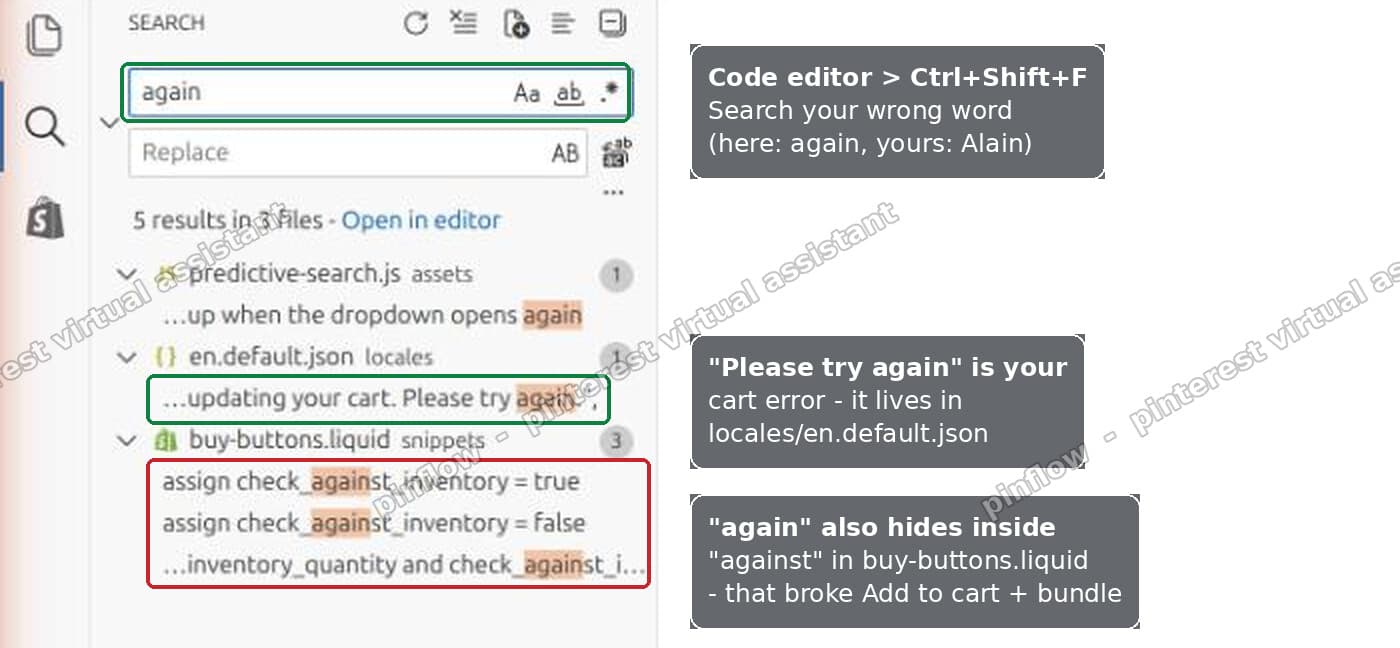 Searching all Shopify theme files for the wrong word in the code editor
