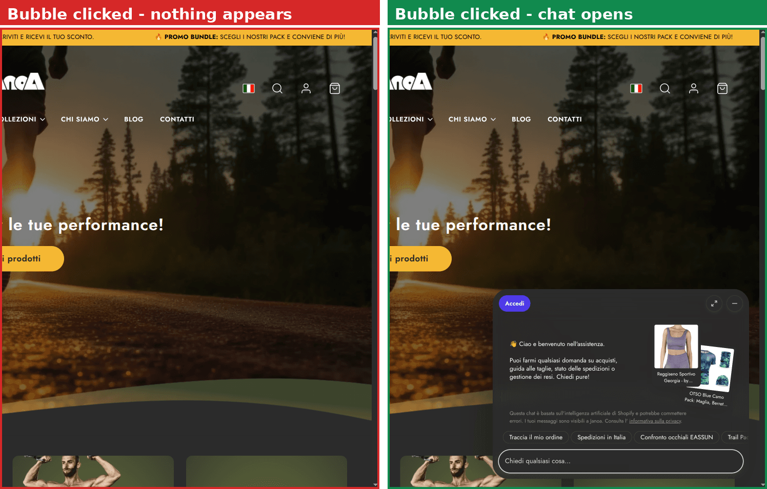 Clicking the bubble before the fix shows nothing, and after the fix opens the chat window