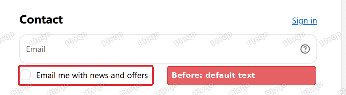 Shopify checkout showing the default Email me with news and offers checkbox