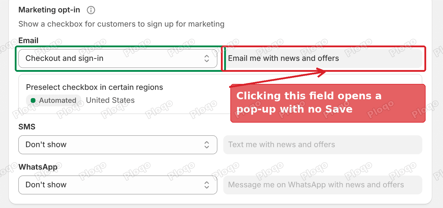 Settings, Checkout, Marketing opt-in card with the Email dropdown and the label field