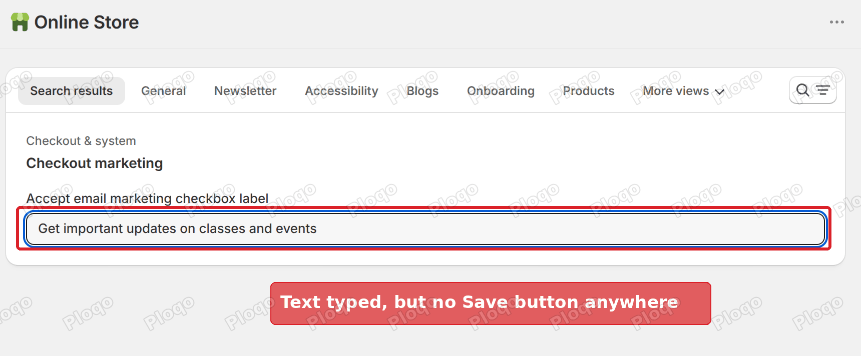 The Online Store pop-up with new text typed and no Save button