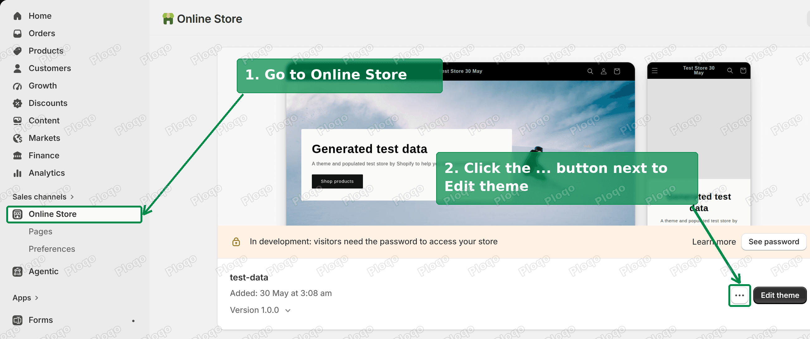 Shopify Themes page with Online Store and the theme actions button highlighted