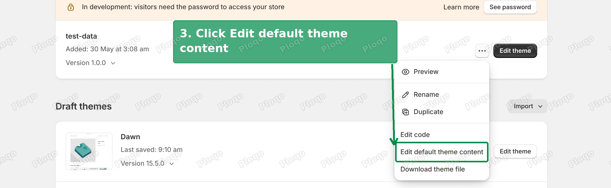 Theme actions menu with Edit default theme content highlighted